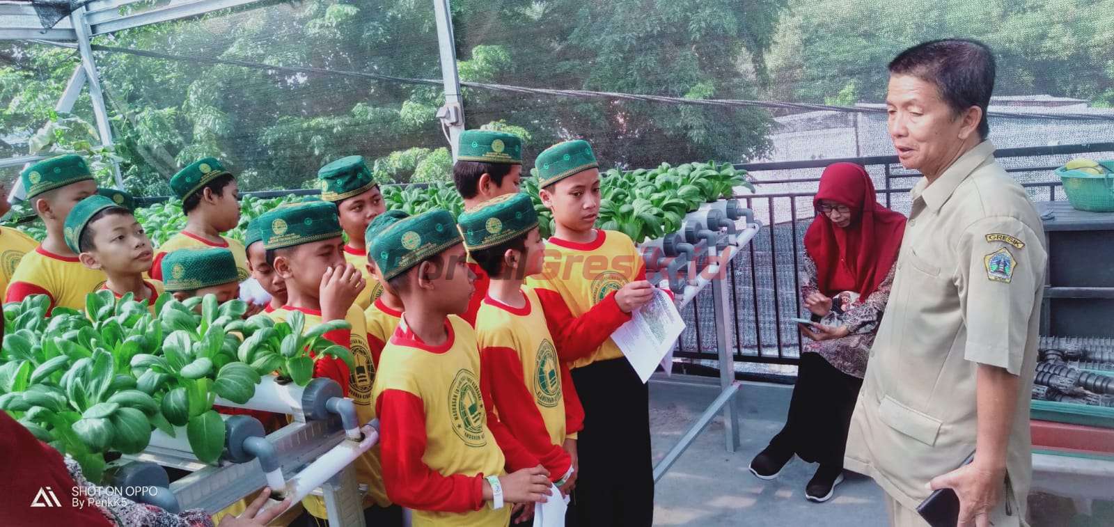 Kepala Desa Klangonan Muhammad Ajir Sayuthi Spd saat mendampingi Anak- anak sekolah lakukan eduwisata di Green House Klangonan Lestari Desa Klangonan,Selasa ( 17/10/2022).