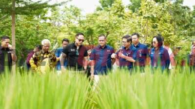 Wamen BUMN, Kartika Wirjoatmodjo (tiga dari kiri) saat meninjau persiapan Smart Precision Farming bersama Dirut PI, Rahmad Pribadi (empat dari kanan), Dirut PG, Dwi Satriyo Annurogo (tiga dari kanan), serta jajaran