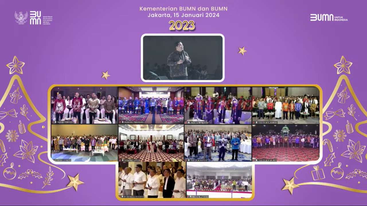 Menteri BUMN Erick Thohir (atas) memberikan sambutan pada perayaan "Natal Bersama Kementerian BUMN dan BUMN Tahun 2023” di Jakarta Convention Center (JCC), Jakarta, dan diikuti serentak di sepuluh lokasi lainnya, pada Senin (15/1/2024).