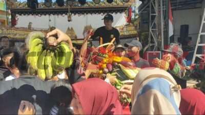 Warga saat memperebutkan gunungan hasil bumi di perayaan sedekah bumi Desa Cagak Agung, Kecamatan Cerme Kabupaten Gresik, Sabtu (03/08/ 2024).