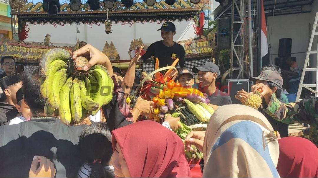 Warga saat memperebutkan gunungan hasil bumi di perayaan sedekah bumi Desa Cagak Agung, Kecamatan Cerme Kabupaten Gresik, Sabtu (03/08/ 2024).