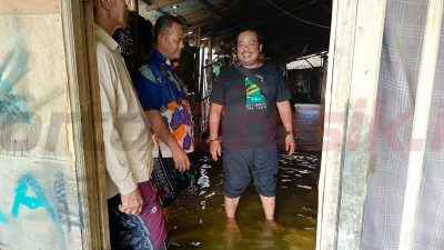 Anggota DPRD Gresik Fraksi Gerindra Yuyun Wahyudi (kaos hitam) saat terjun meninjau ke Lokasi terdampak banjir luapan sungai Bengawan Solo di Dusun Kaliwot Desa Bungah Gresik, Sabtu (25/1/2025) sore.