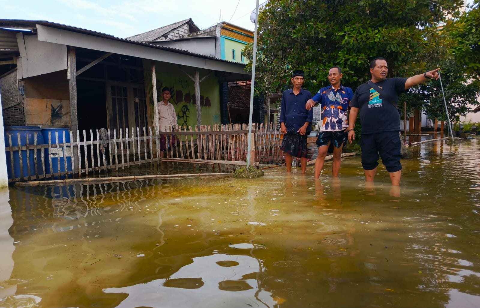 Anggota DPRD Gresik Fraksi Gerindra Yuyun Wahyudi (kaos hitam) saat terjun meninjau ke Lokasi terdampak banjir luapan sungai Bengawan Solo di Dusun Kaliwot Desa Bungah Gresik, Sabtu (25/1/2025) sore.