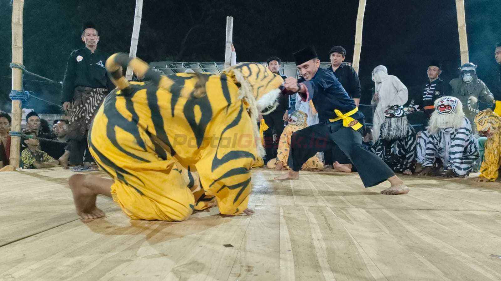 Penampilan seni macanan dalam acara ‘Tasyakuran dan Halal Bihalal’ yang digelar Ikatan Pencak Silat Tradisional Burung Sikatan di Lapangan Desa Bungah, Kecamatan Bungah, Kabupaten Gresik.