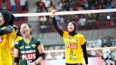 Megawati Hangestri pada pertandingan perebutan Juara 3 Proliga 2025 antara Gresik Petrokimia Pupuk Indonesia (GPPI) vs Jakarta Electric PLN di GOR Among Rogo, Yogyakarta