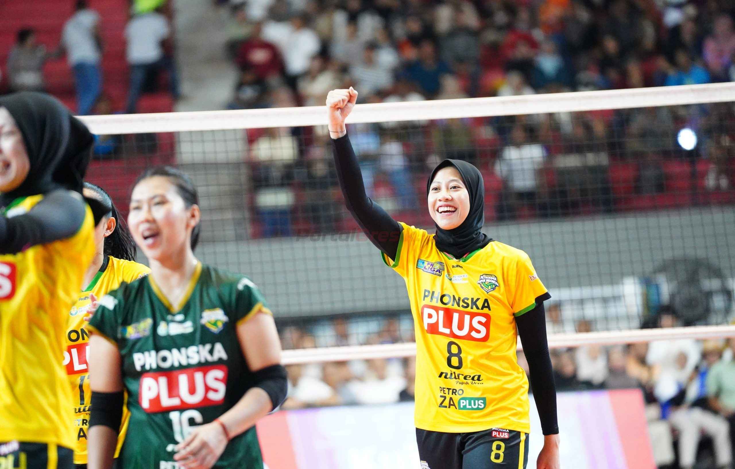 Megawati Hangestri pada pertandingan perebutan Juara 3 Proliga 2025 antara Gresik Petrokimia Pupuk Indonesia (GPPI) vs Jakarta Electric PLN di GOR Among Rogo, Yogyakarta