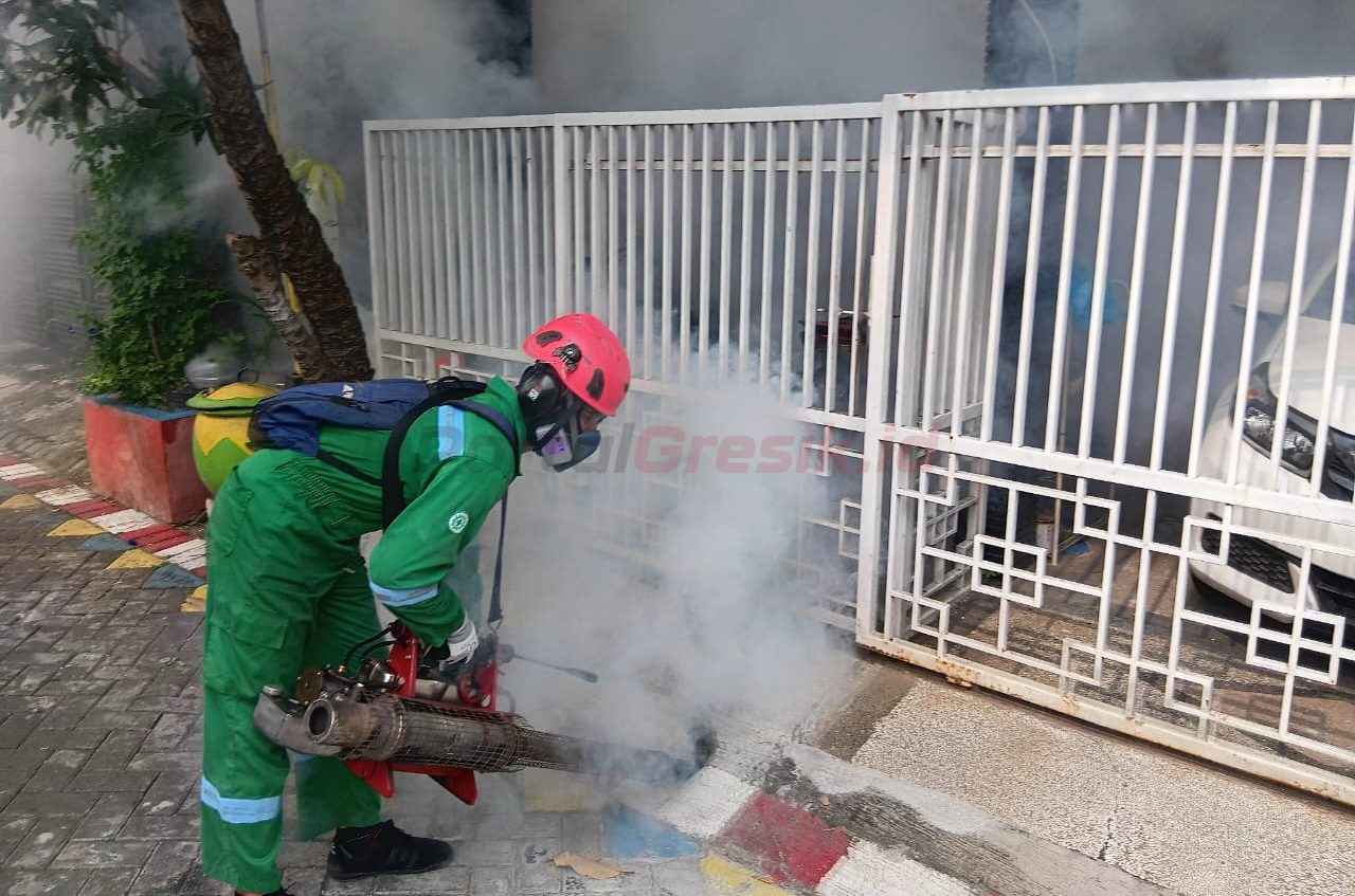 Petuga saat melakukan fogging penyebaran nyamuk Aedes aegypti penyebab demam berdarah dengue (DBD),