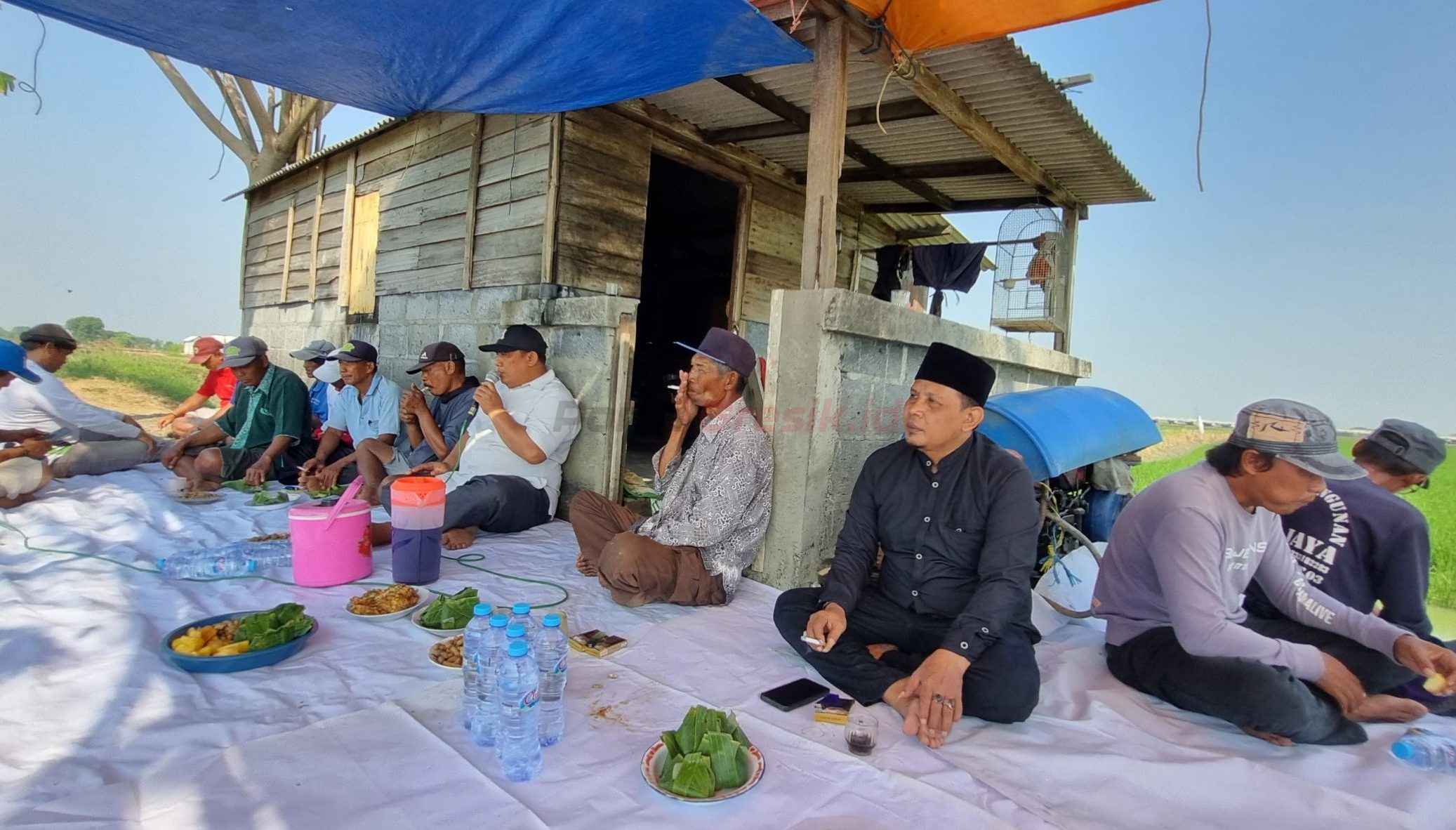 Kades Mustofa saat menyapa petani di areal persawahan Desa Kedanyang, Kebomas, Gresik.