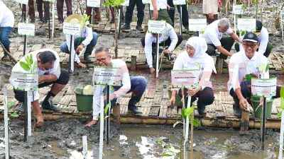 Direktur Utama SIG Indrieffouny Indra (kedua kiri) bersama Gubernur Jawa Timur Khofifah Indar Parawansa (ketiga kiri) melakukan penanaman bibit bakau (mangrove) pada acara Festival Mangrove ke-7 Provinsi Jawa Timur di kawasan pesisir Pantai Bahak, Curahdringu, Tongas, Probolinggo, Jawa Timur, pada Selasa (19/8/2025).