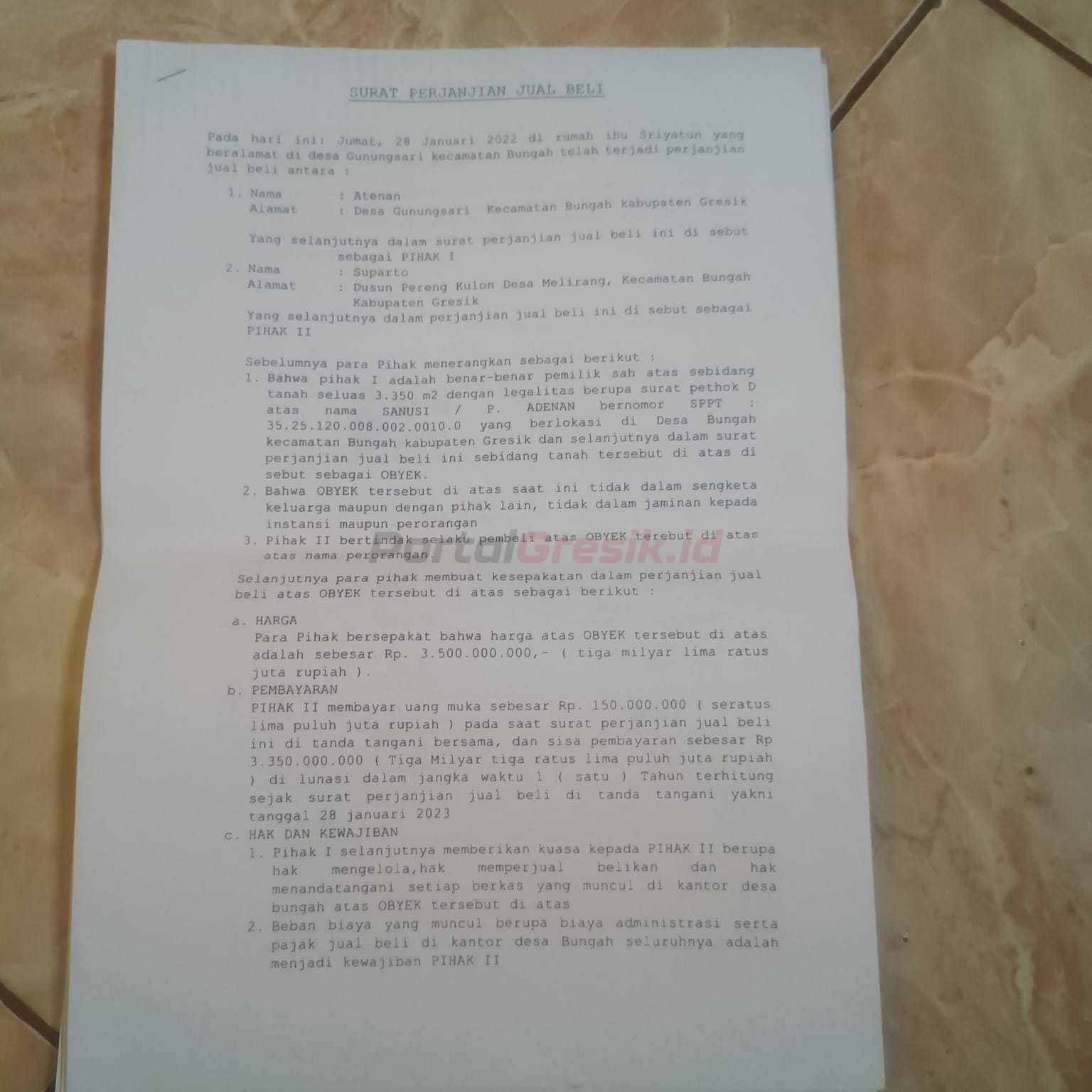 Surat perjanjian jual beli yang sudah jatuh tempo pada 28 Januari 2022.