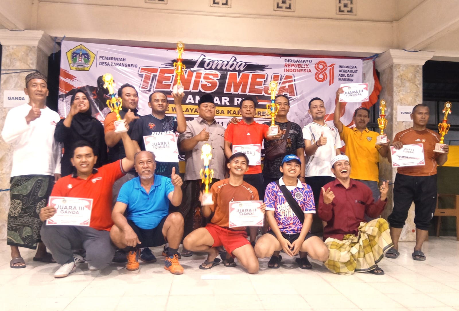 32 Tim Ramaikan Lomba Tenis Meja Antar-RT di Karangrejo Gresik, RT 09 dan RT 10 Jadi Juara